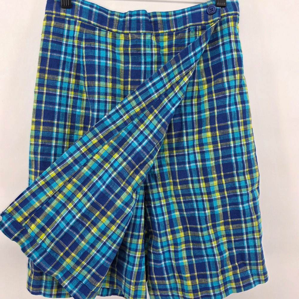 Savannah vintage skort‎ Blue green Plaid Linen Cotton Blend 25"